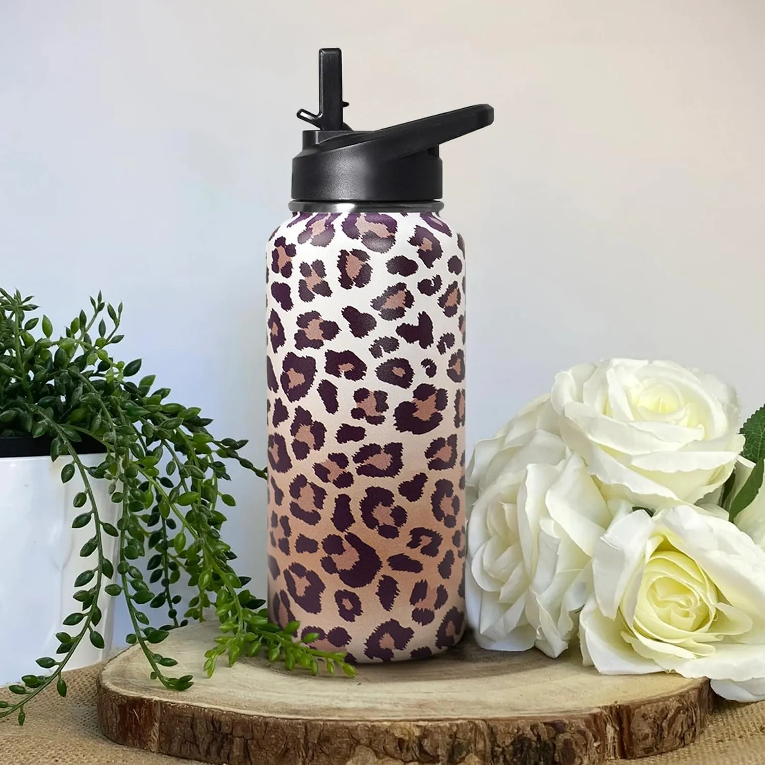 32ozLeopard Print Stainless Insulated Aater Water Bottle with Straw,Leopard Print Cheetah Gym Hiking Sports Coffee Mug Cup Water Bottles,Leopard Print Decor Stuff Accessories