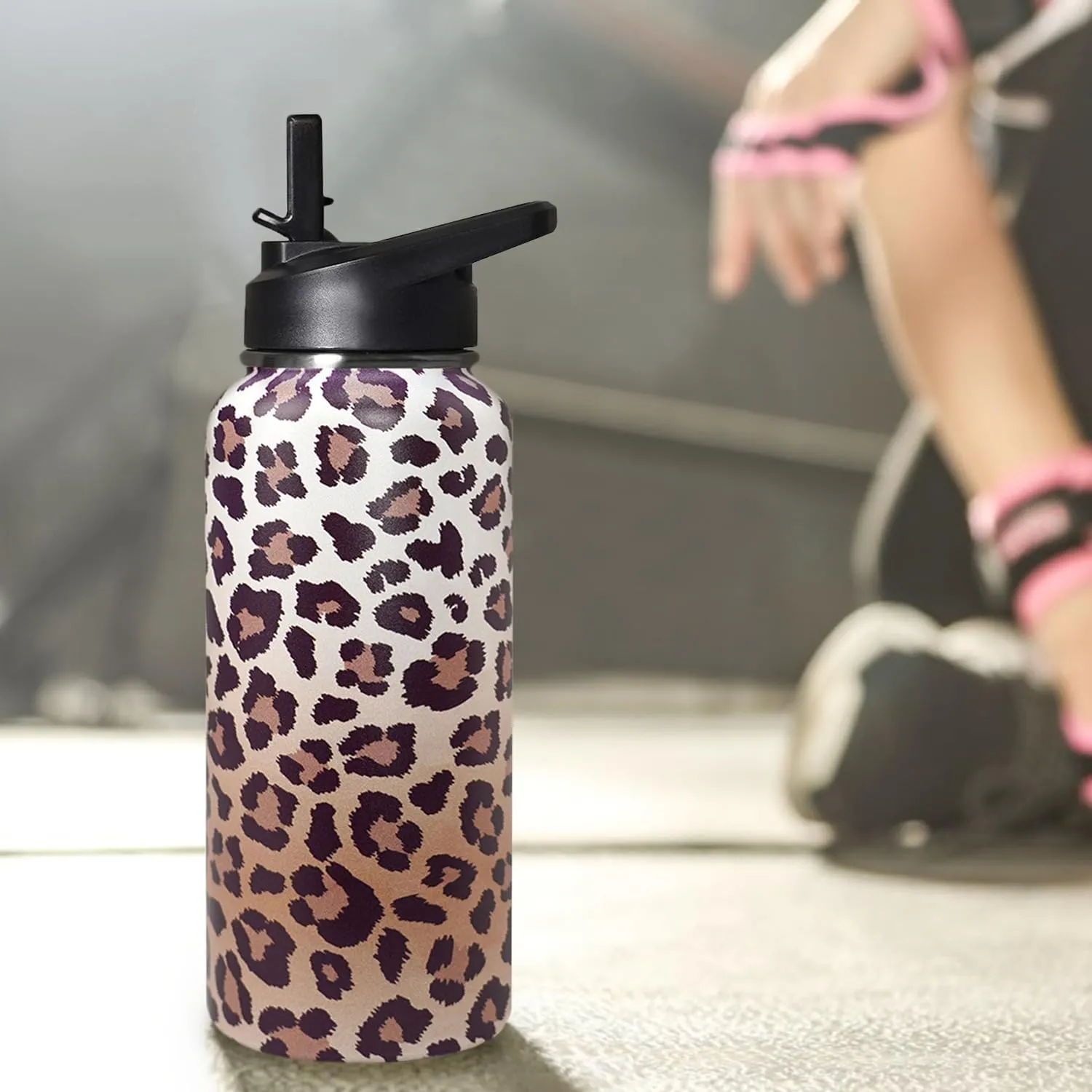 32ozLeopard Print Stainless Insulated Aater Water Bottle with Straw,Leopard Print Cheetah Gym Hiking Sports Coffee Mug Cup Water Bottles,Leopard Print Decor Stuff Accessories