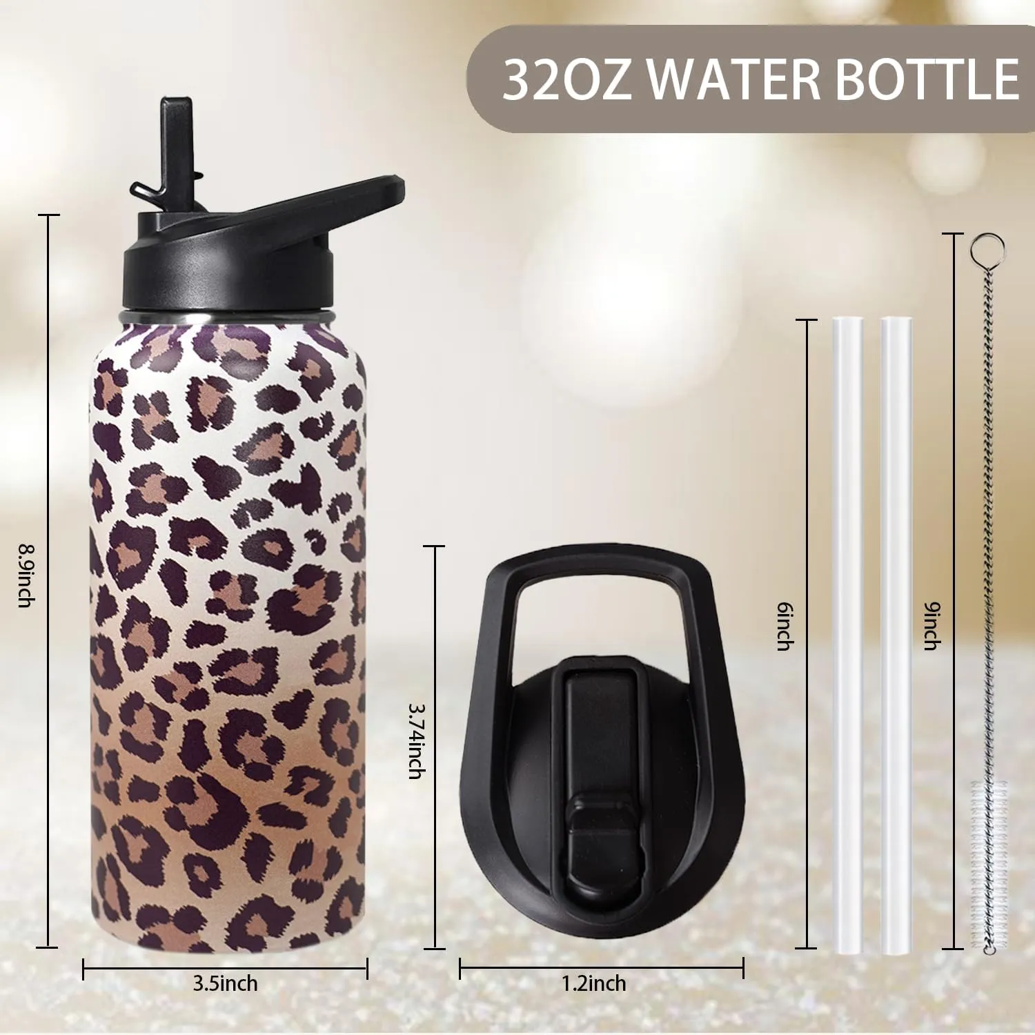 32ozLeopard Print Stainless Insulated Aater Water Bottle with Straw,Leopard Print Cheetah Gym Hiking Sports Coffee Mug Cup Water Bottles,Leopard Print Decor Stuff Accessories