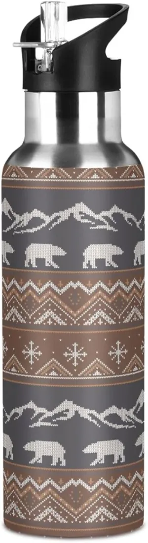 33oz Sports Water Bottle - Double Wall Vacuum Insulated Stainless Steel Water Jug, Polar Bears with Snow-capped Mountains Thermo Bottle with Straw Lid for Gym, Kitchen, Working,Bike Running Travel