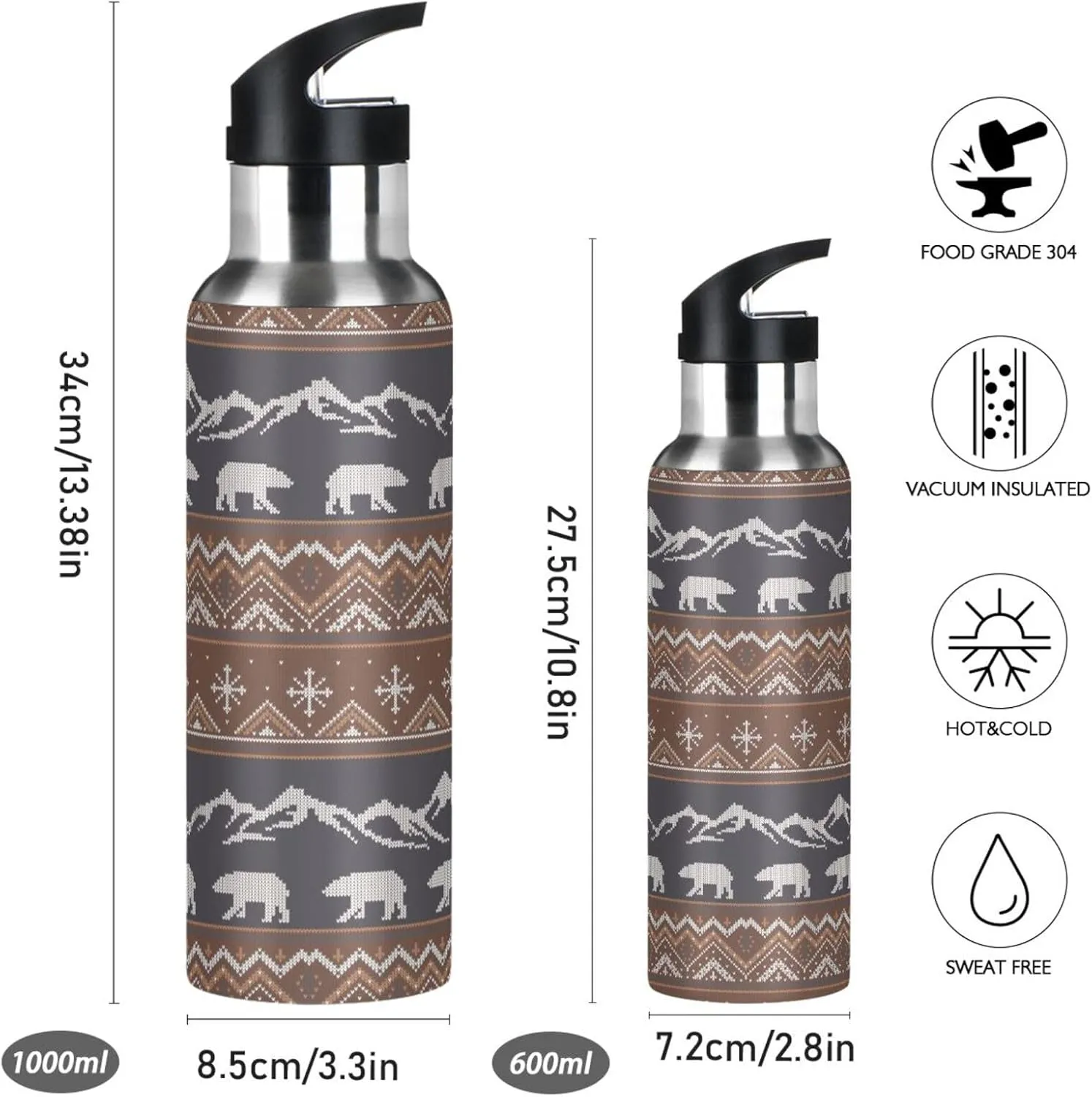 33oz Sports Water Bottle - Double Wall Vacuum Insulated Stainless Steel Water Jug, Polar Bears with Snow-capped Mountains Thermo Bottle with Straw Lid for Gym, Kitchen, Working,Bike Running Travel