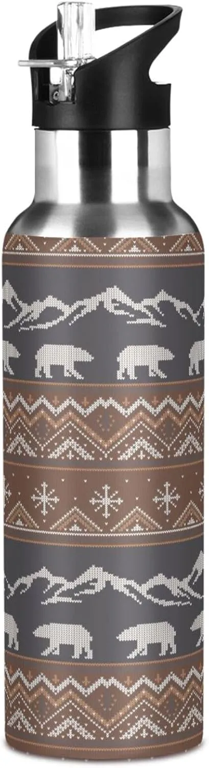 33oz Sports Water Bottle - Double Wall Vacuum Insulated Stainless Steel Water Jug, Polar Bears with Snow-capped Mountains Thermo Bottle with Straw Lid for Gym, Kitchen, Working,Bike Running Travel