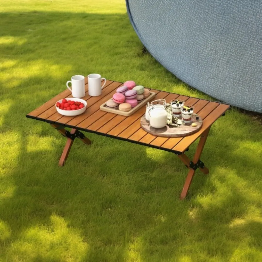 36''L Portable Rectangular Aluminum Outdoor Camping Table with Wooden Skin Roll-Up Table Top and Foldable Legs, Lightweight and Waterproof (Light Brown)