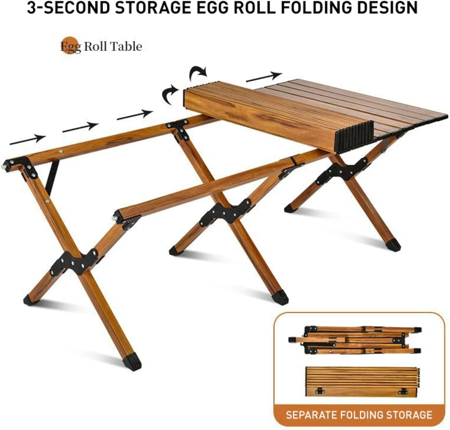 36''L Portable Rectangular Aluminum Outdoor Camping Table with Wooden Skin Roll-Up Table Top and Foldable Legs, Lightweight and Waterproof (Light Brown)