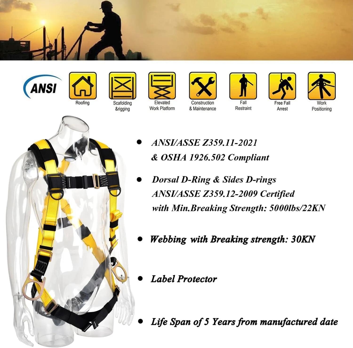 3D-Ring Industrial Fall Protection Safety Harness ANSI/ASSE Z359.11-2021 Compliant Full Body Personal Protection Equipment 5-Point Adjustment Universal 310 lbs