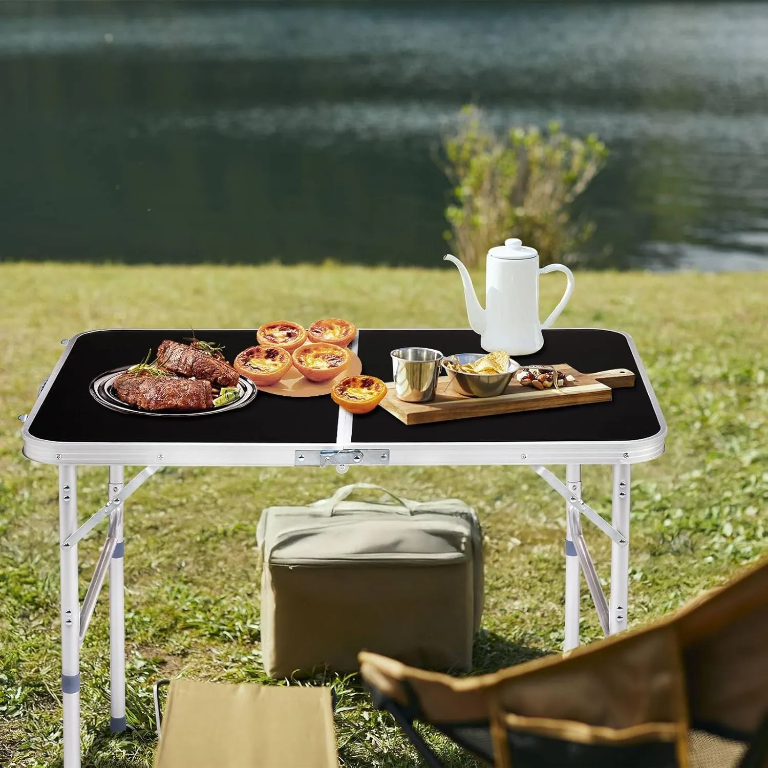 3ft Folding Camping Table, Portable Rectangular Dining Tables, Smooth Wood Grain Surface, Aluminum Picnic Table with Carry Handle, Multipurpose Patio Tables Easy to Clean (Black)