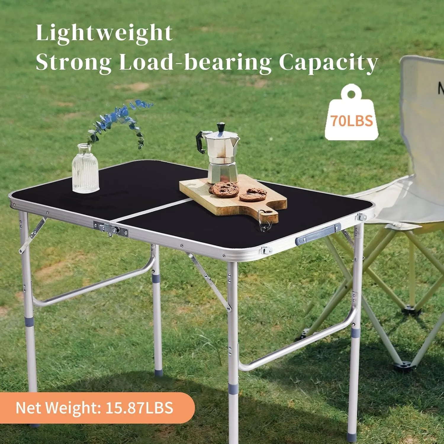 3ft Folding Camping Table, Portable Rectangular Dining Tables, Smooth Wood Grain Surface, Aluminum Picnic Table with Carry Handle, Multipurpose Patio Tables Easy to Clean (Black)