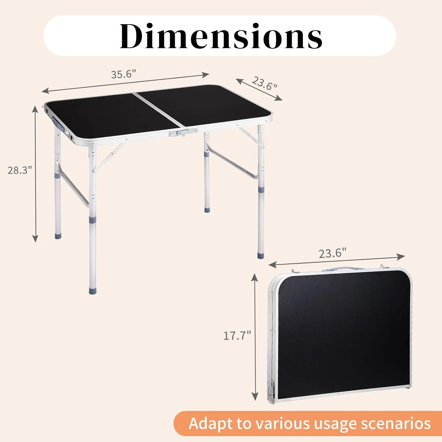 3ft Folding Camping Table, Portable Rectangular Dining Tables, Smooth Wood Grain Surface, Aluminum Picnic Table with Carry Handle, Multipurpose Patio Tables Easy to Clean (Black)