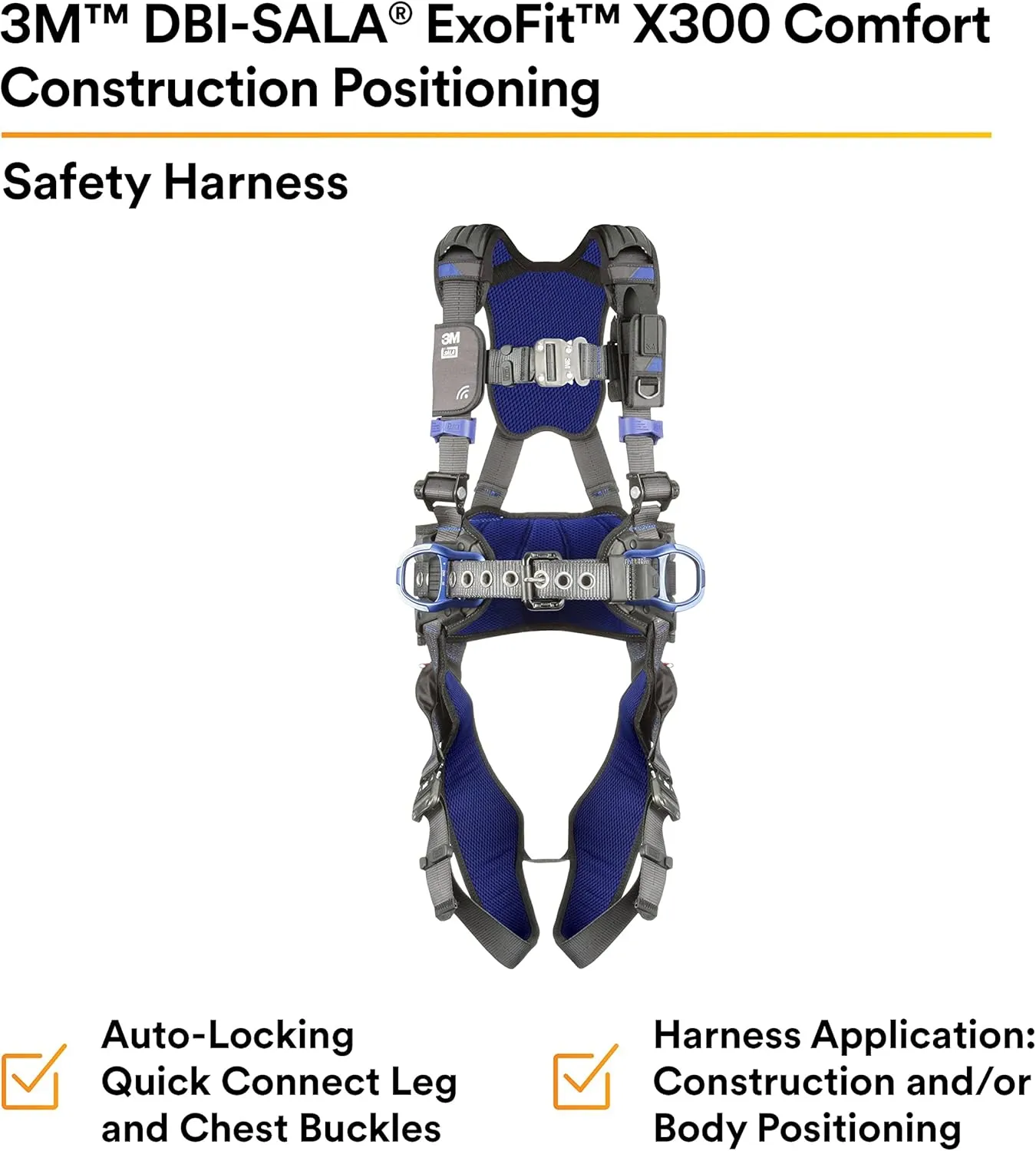 3M 1113121 DBI-SALA ExoFit X300 Comfort Construction Positioning Safety Harness, Construction Fall Protection, Aluminum Back and Hip D-Rings, Auto-Locking Quick Connect Leg and Chest Buckles, Small