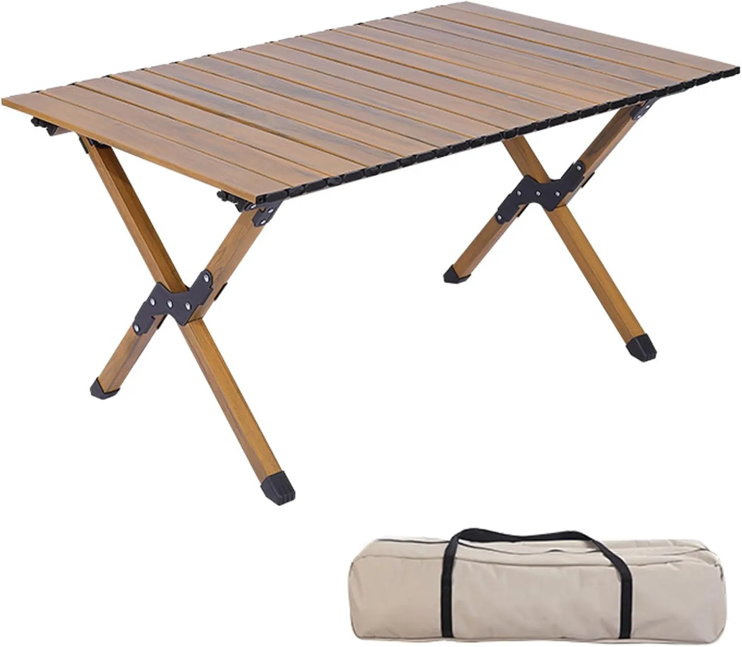 4-6 People Camping Table, Roll-Up Lightweight Picnic Table with Large Aluminum Tabletop & Carrying Bag, Portable Outdoor Folding Table for Hiking, Backpacking & Fishing(Carbon Steel Wood Gra