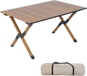 4-6 People Camping Table, Roll-Up Lightweight Picnic Table with Large Aluminum Tabletop & Carrying Bag, Portable Outdoor Folding Table for Hiking, Backpacking & Fishing(Carbon Steel Wood Gra