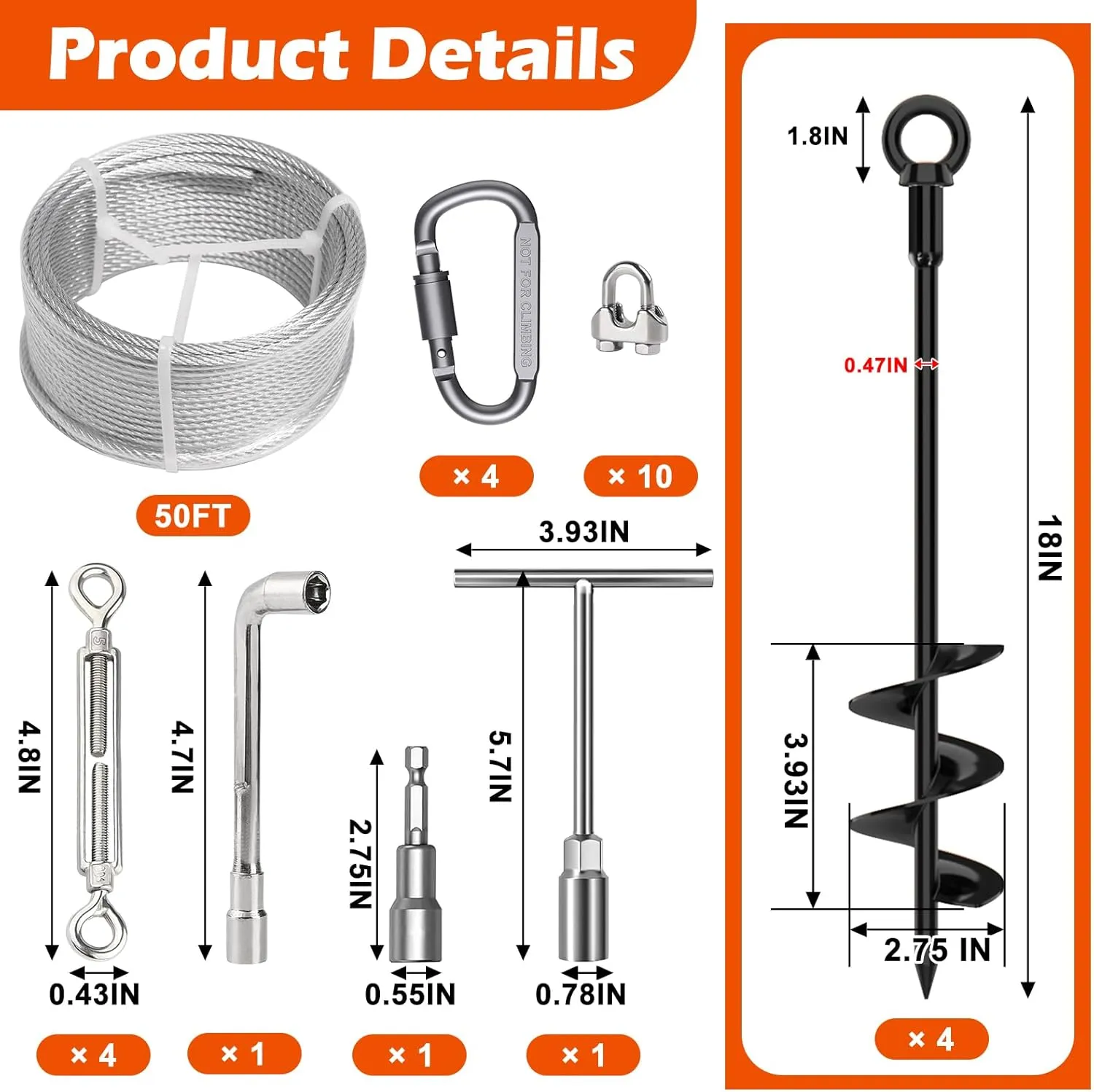 4 Pcs 18" Fully Welded Ground Anchors Shed Anchors Kit with 1/8" Galvanized Cable & Turnbuckles & Carabiners, Heavy Duty Earth Anchors for Sheds Trees Trampoline Greenhouse Swing Set Tent (Black)