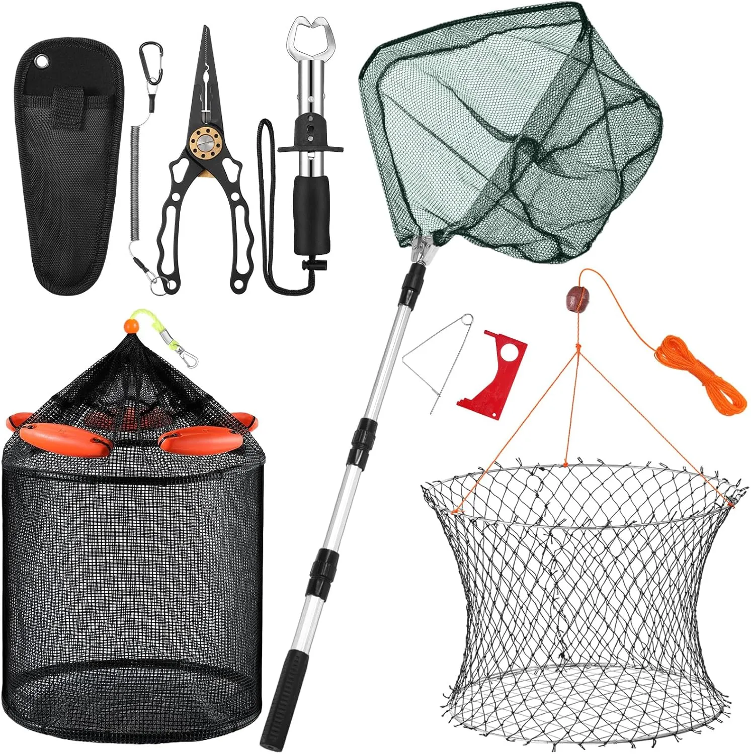 4 Set Large Foldable Floating Fishing Basket, Wire Grid Bottom Crab Nets, Fishing Landing Net with Telescoping Pole Handle, Fish Lip Gripper Pliers Kit for Crabbing Fish Gear