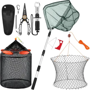 4 Set Large Foldable Floating Fishing Basket, Wire Grid Bottom Crab Nets, Fishing Landing Net with Telescoping Pole Handle, Fish Lip Gripper Pliers Kit for Crabbing Fish Gear