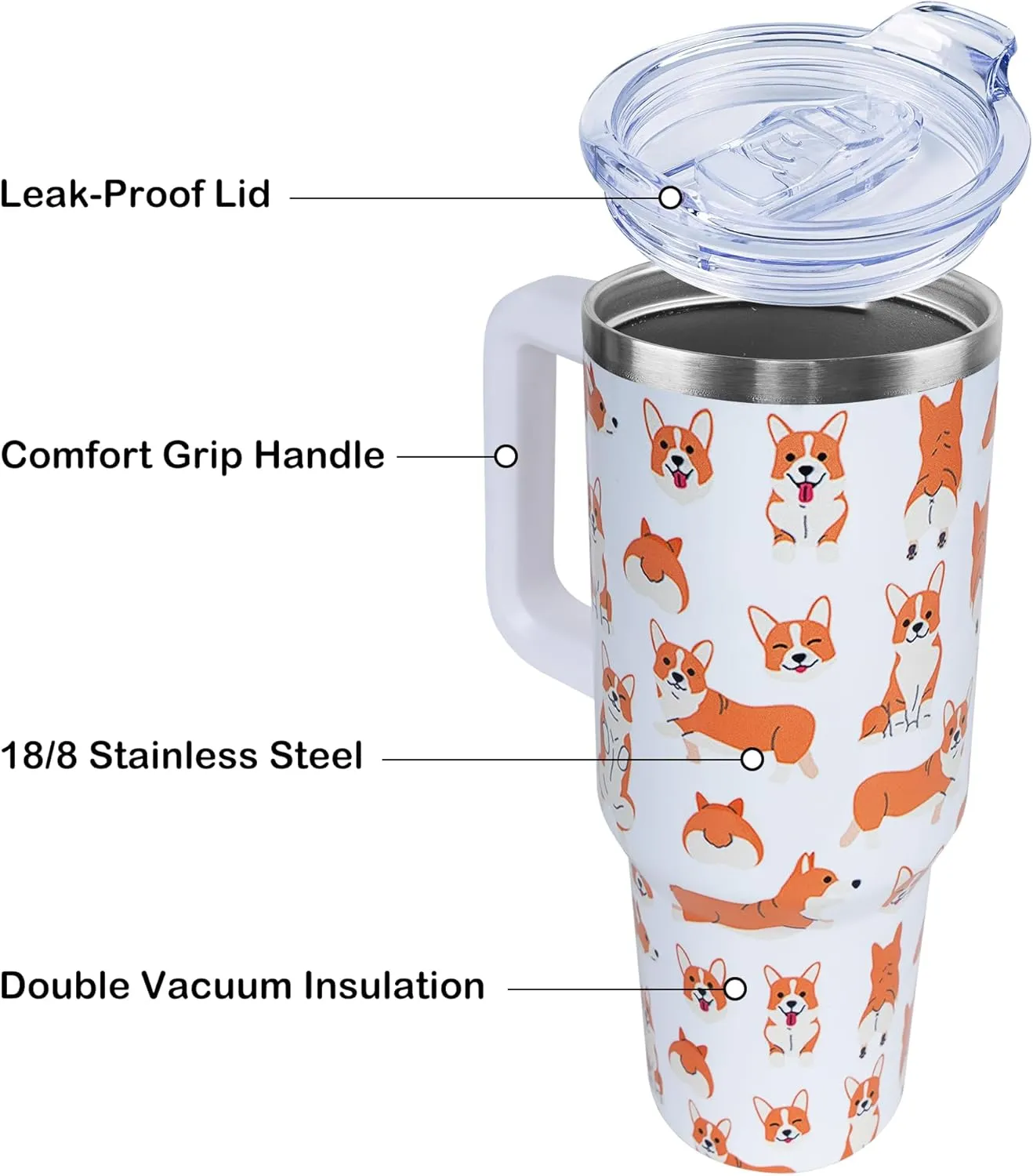 40 oz Cute Corgi Tumbler with Handle and Straw, Stainless Steel Insulated Cup with Lid and Straw, Travel Mug Water Bottle, Gifts for Women