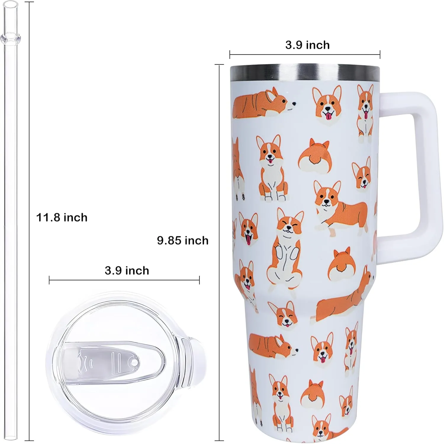 40 oz Cute Corgi Tumbler with Handle and Straw, Stainless Steel Insulated Cup with Lid and Straw, Travel Mug Water Bottle, Gifts for Women