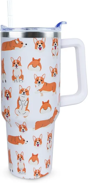 40 oz Cute Corgi Tumbler with Handle and Straw, Stainless Steel Insulated Cup with Lid and Straw, Travel Mug Water Bottle, Gifts for Women