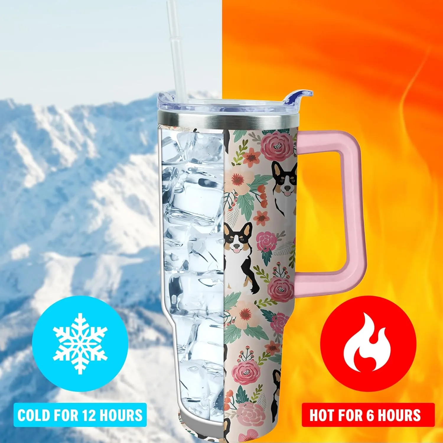 40 oz Cute Corgi Tumbler with Handle and Straw, Stainless Steel Insulated Cup with Lid and Straw, Travel Mug Water Bottle, Gifts for Women