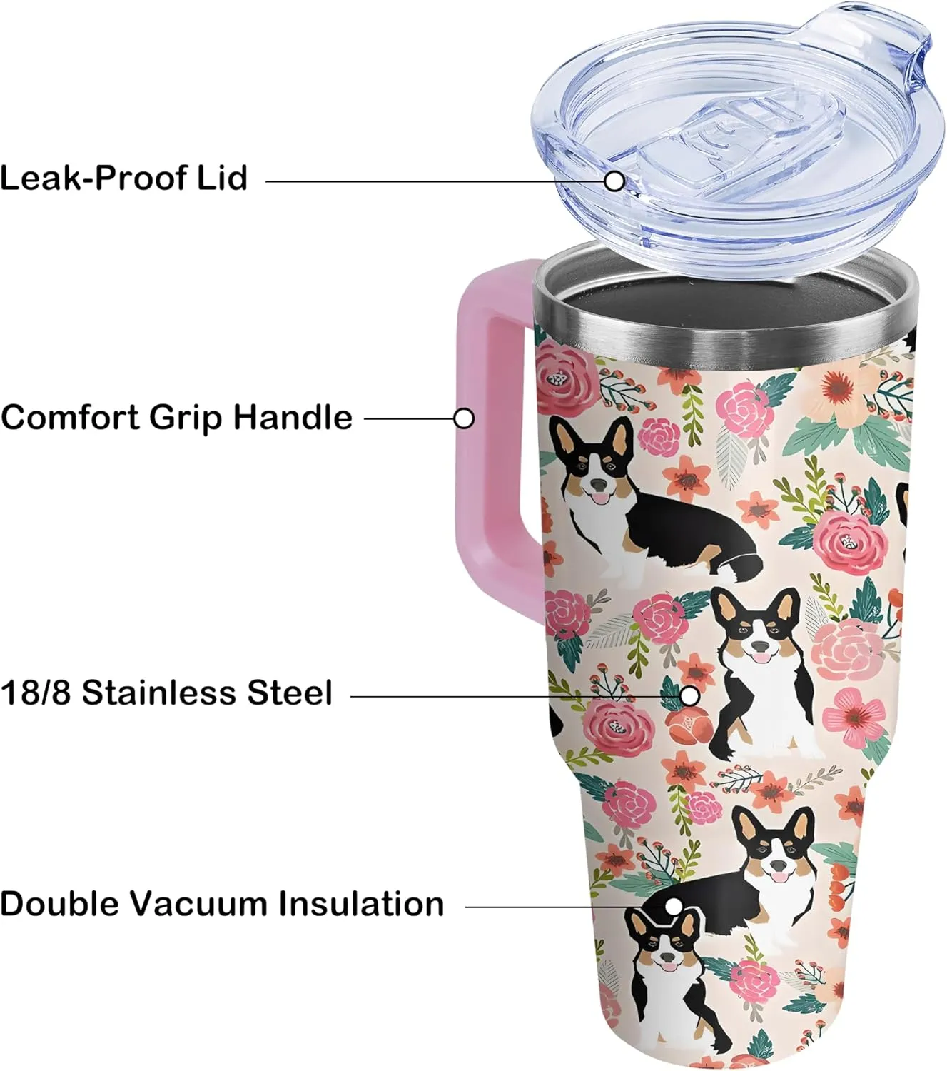 40 oz Cute Corgi Tumbler with Handle and Straw, Stainless Steel Insulated Cup with Lid and Straw, Travel Mug Water Bottle, Gifts for Women