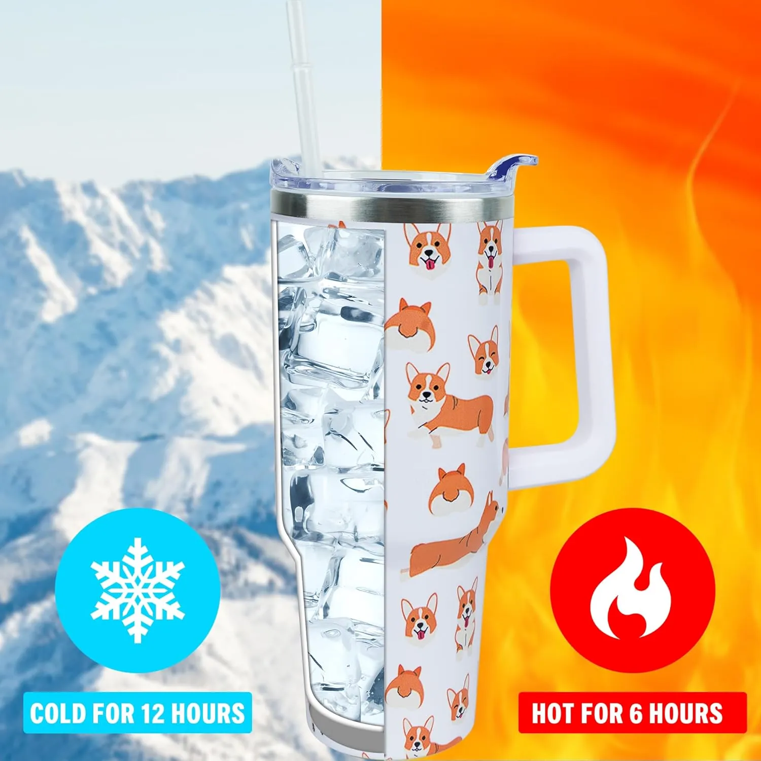 40 oz Cute Corgi Tumbler with Handle and Straw, Stainless Steel Insulated Cup with Lid and Straw, Travel Mug Water Bottle, Gifts for Women
