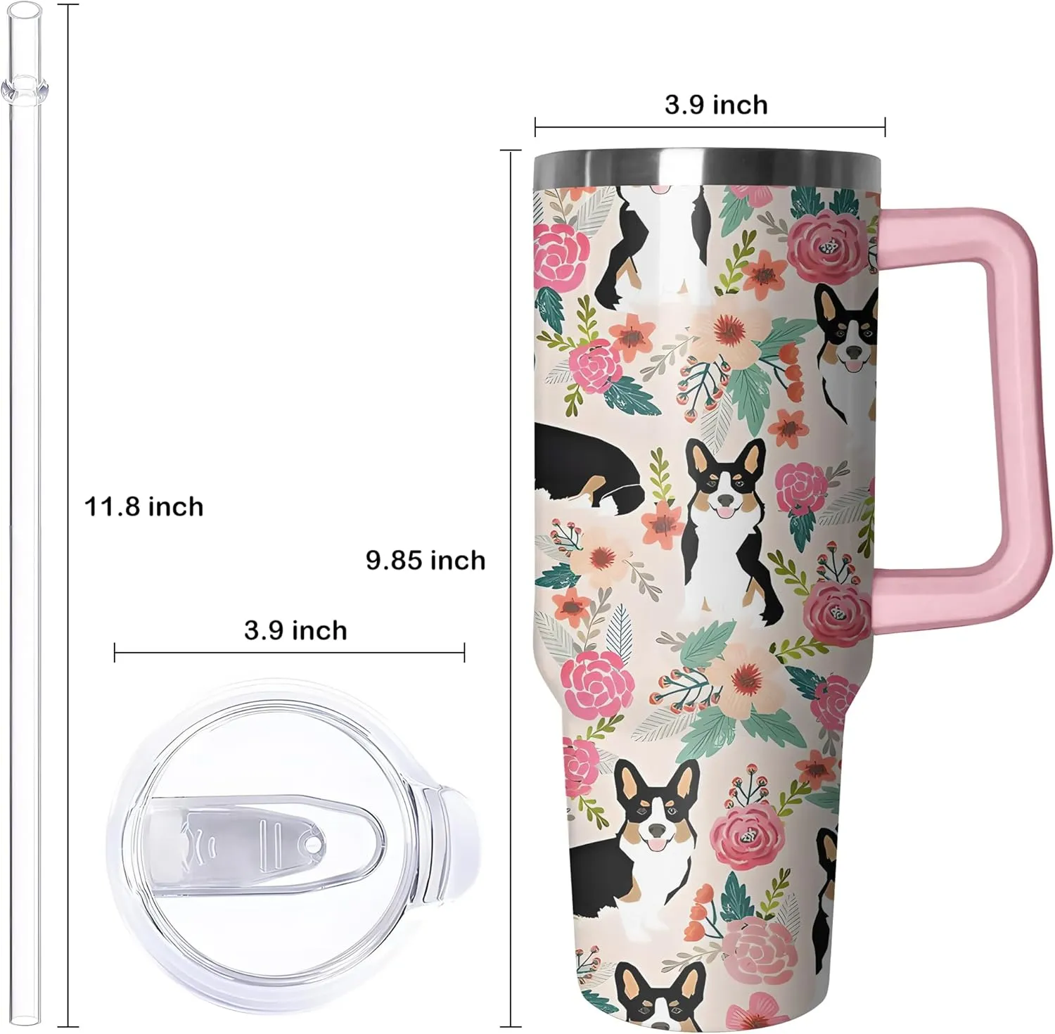 40 oz Cute Corgi Tumbler with Handle and Straw, Stainless Steel Insulated Cup with Lid and Straw, Travel Mug Water Bottle, Gifts for Women
