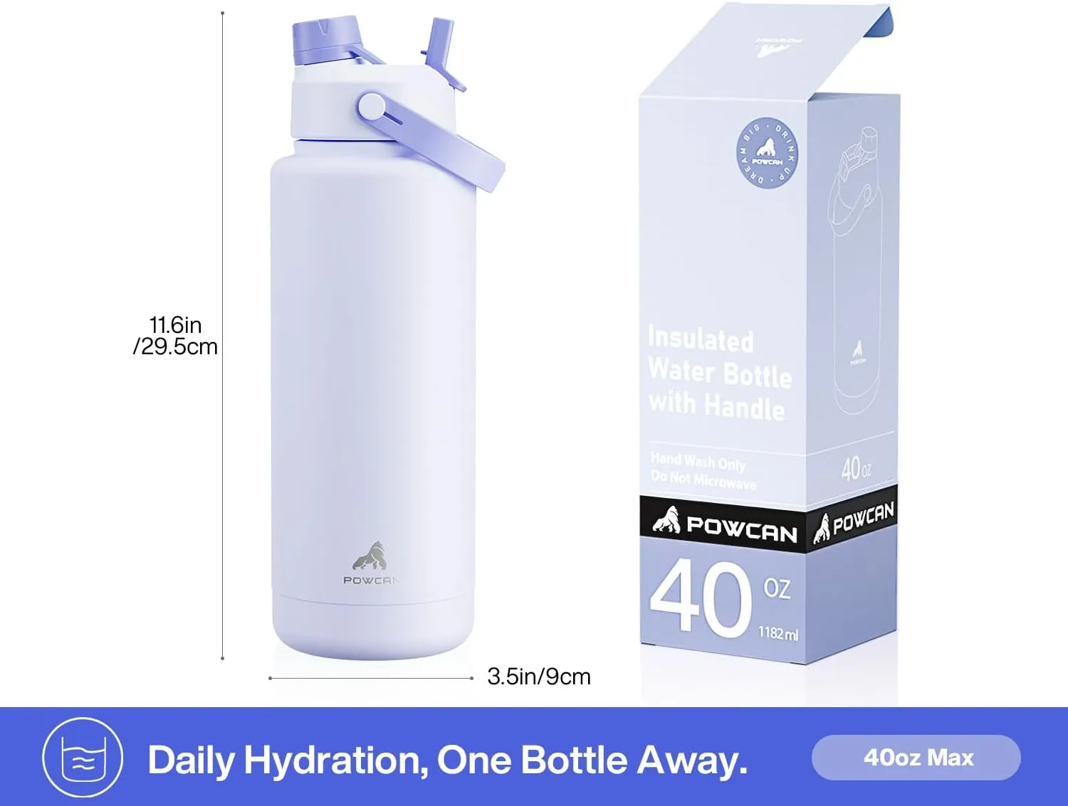40 oz Insulated Water Bottle with 2-in-1 Straw and Spout Lid, Keep Cold 24H, Leak-Proof, BPA-Free, Double Wall Stainless Steel Water Bottle for Sports, Gym, Travel, and School (Lupine)