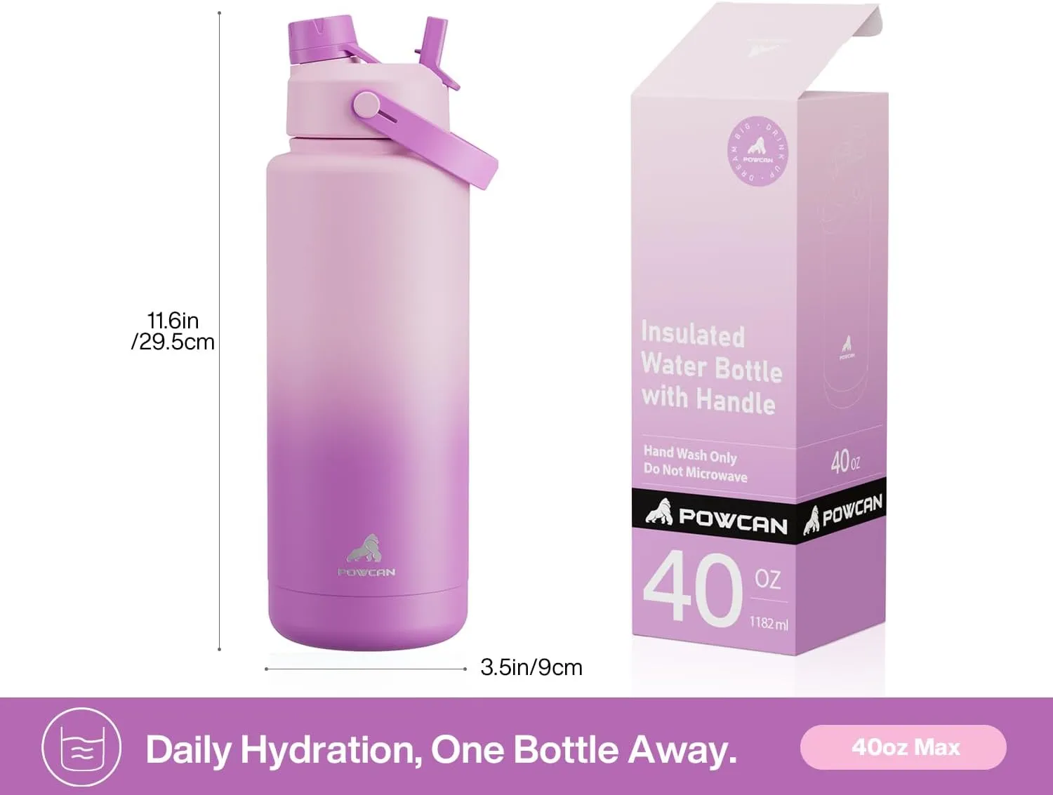 40 oz Insulated Water Bottle with 2-in-1 Straw and Spout Lid, Keep Cold 24H, Leak-Proof, BPA-Free, Double Wall Stainless Steel Water Bottle for Sports, Gym, Travel, and School (Macaron)