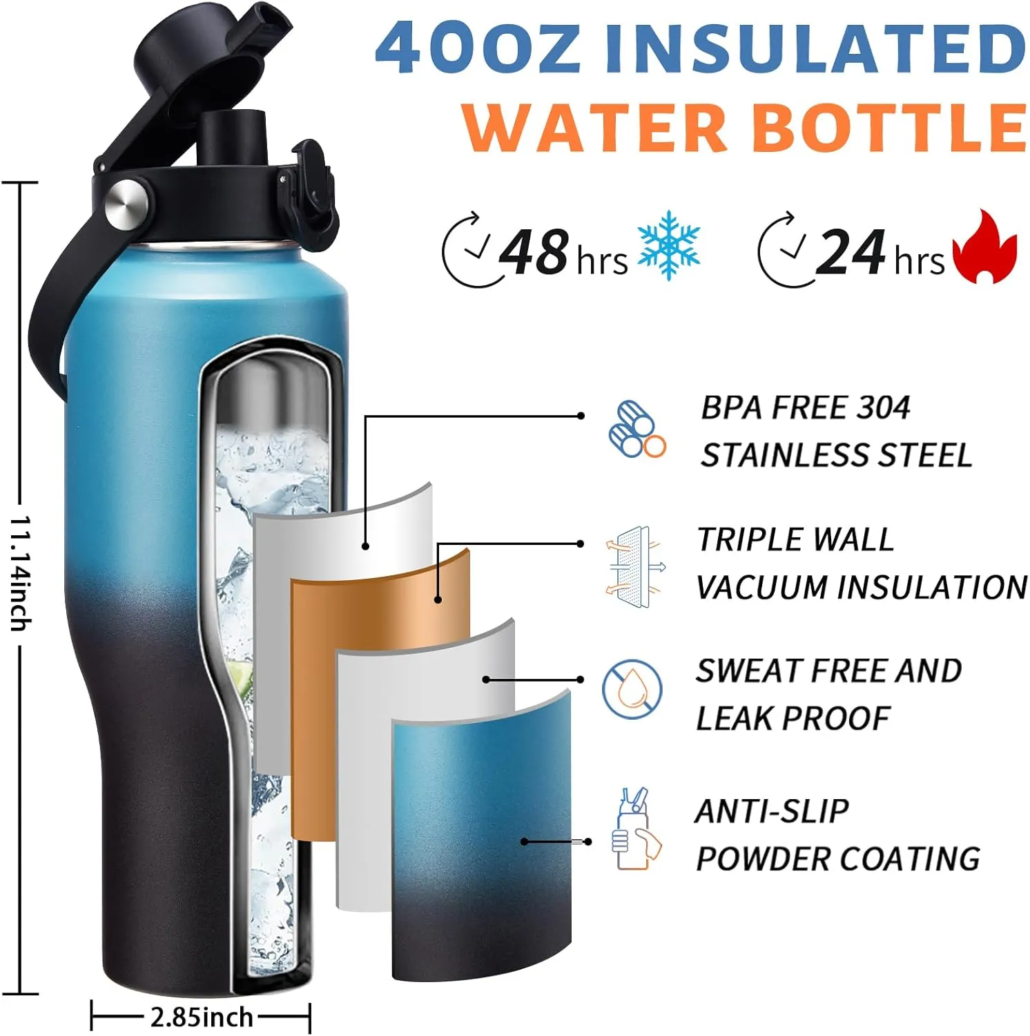 40 oz Insulated Water Bottle with Straw fit in Car Cup Holder - Metal Water Bottle with Straw, Auto Spout Lid, Thermal Water Tumbler Cup with Lid & Straw, Storage Carrier Bag, Silicone Boot
