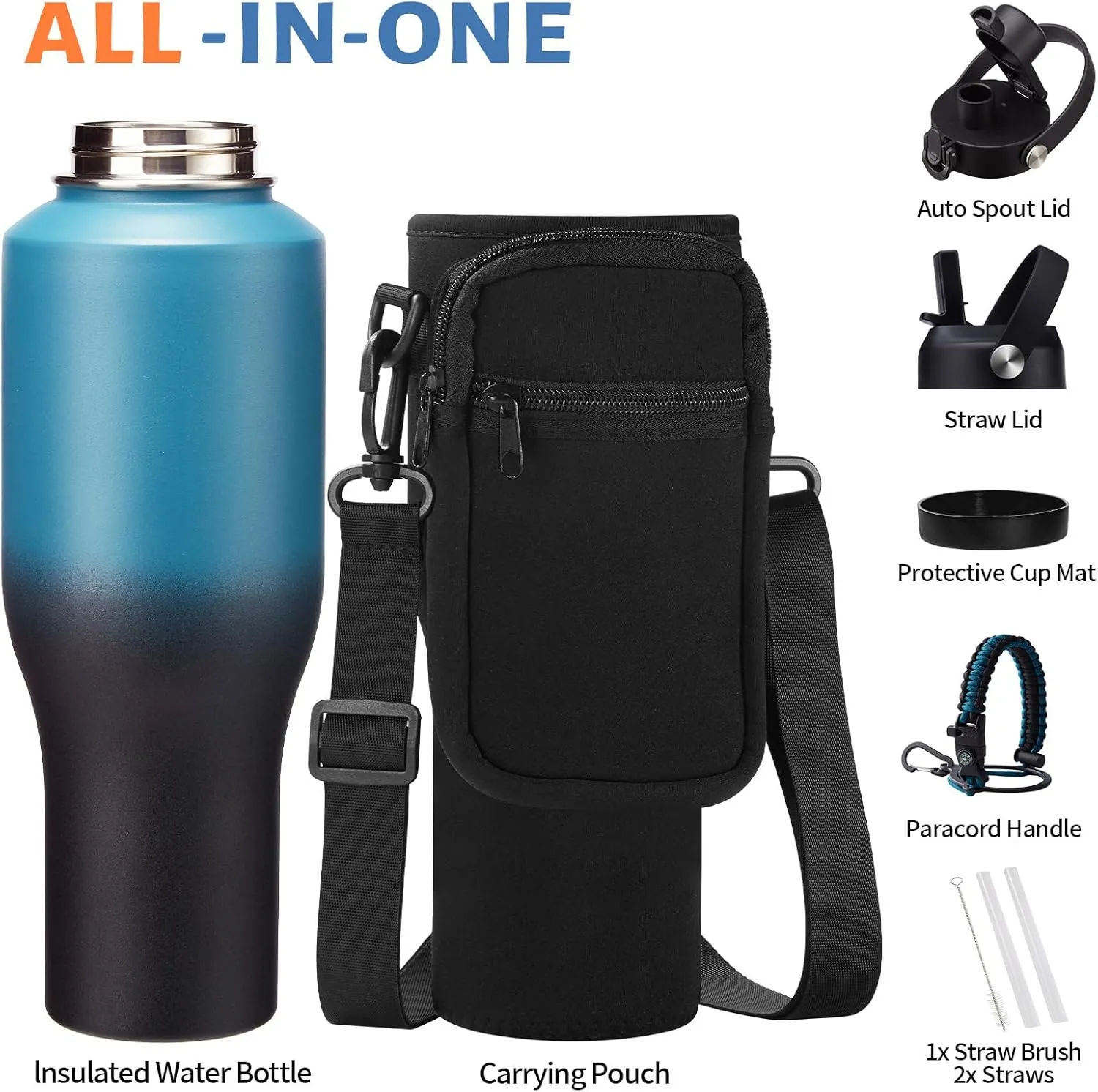 40 oz Insulated Water Bottle with Straw fit in Car Cup Holder - Metal Water Bottle with Straw, Auto Spout Lid, Thermal Water Tumbler Cup with Lid & Straw, Storage Carrier Bag, Silicone Boot