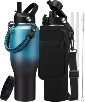 40 oz Insulated Water Bottle with Straw fit in Car Cup Holder - Metal Water Bottle with Straw, Auto Spout Lid, Thermal Water Tumbler Cup with Lid & Straw, Storage Carrier Bag, Silicone Boot