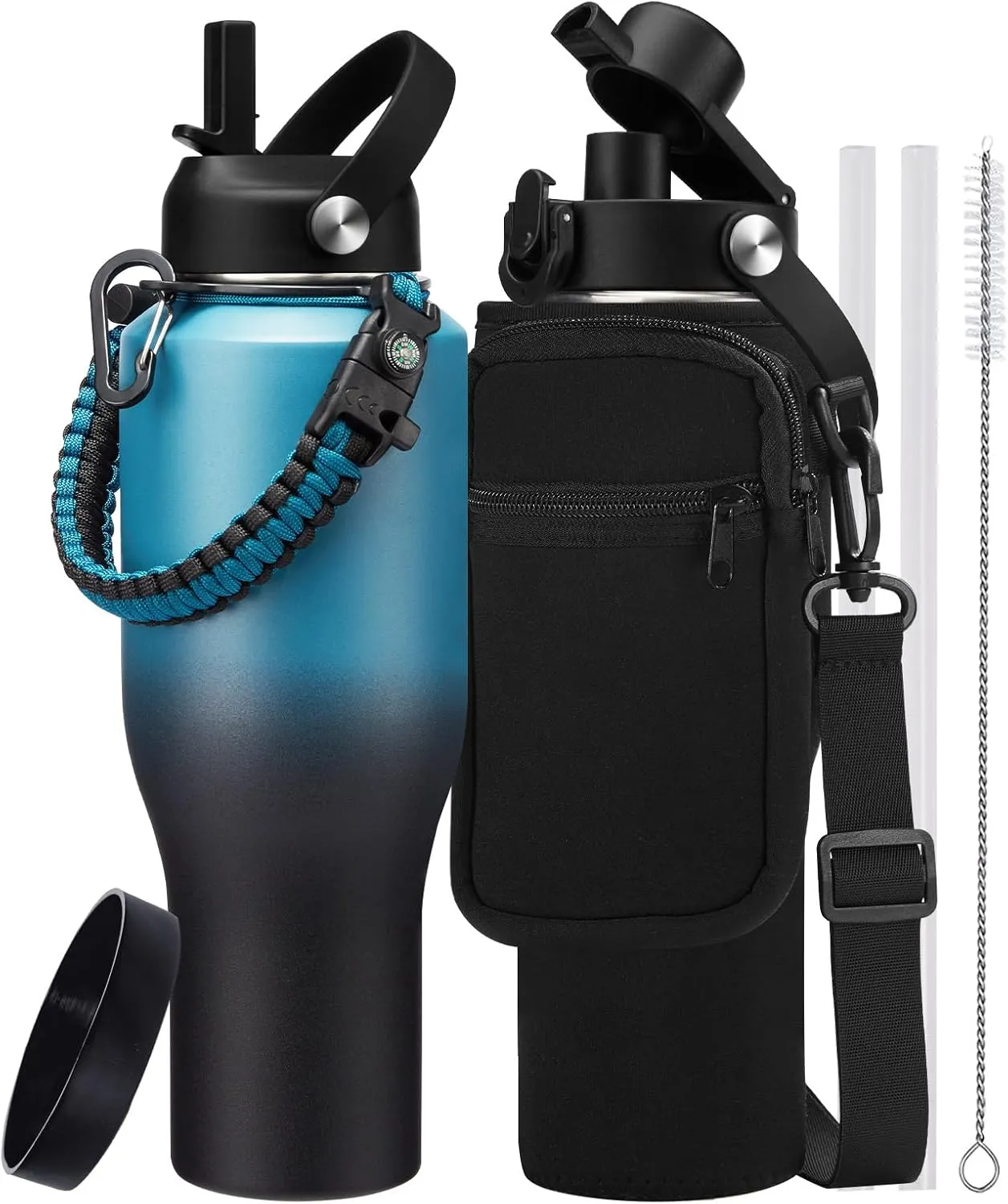 40 oz Insulated Water Bottle with Straw fit in Car Cup Holder - Metal Water Bottle with Straw, Auto Spout Lid, Thermal Water Tumbler Cup with Lid & Straw, Storage Carrier Bag, Silicone Boot