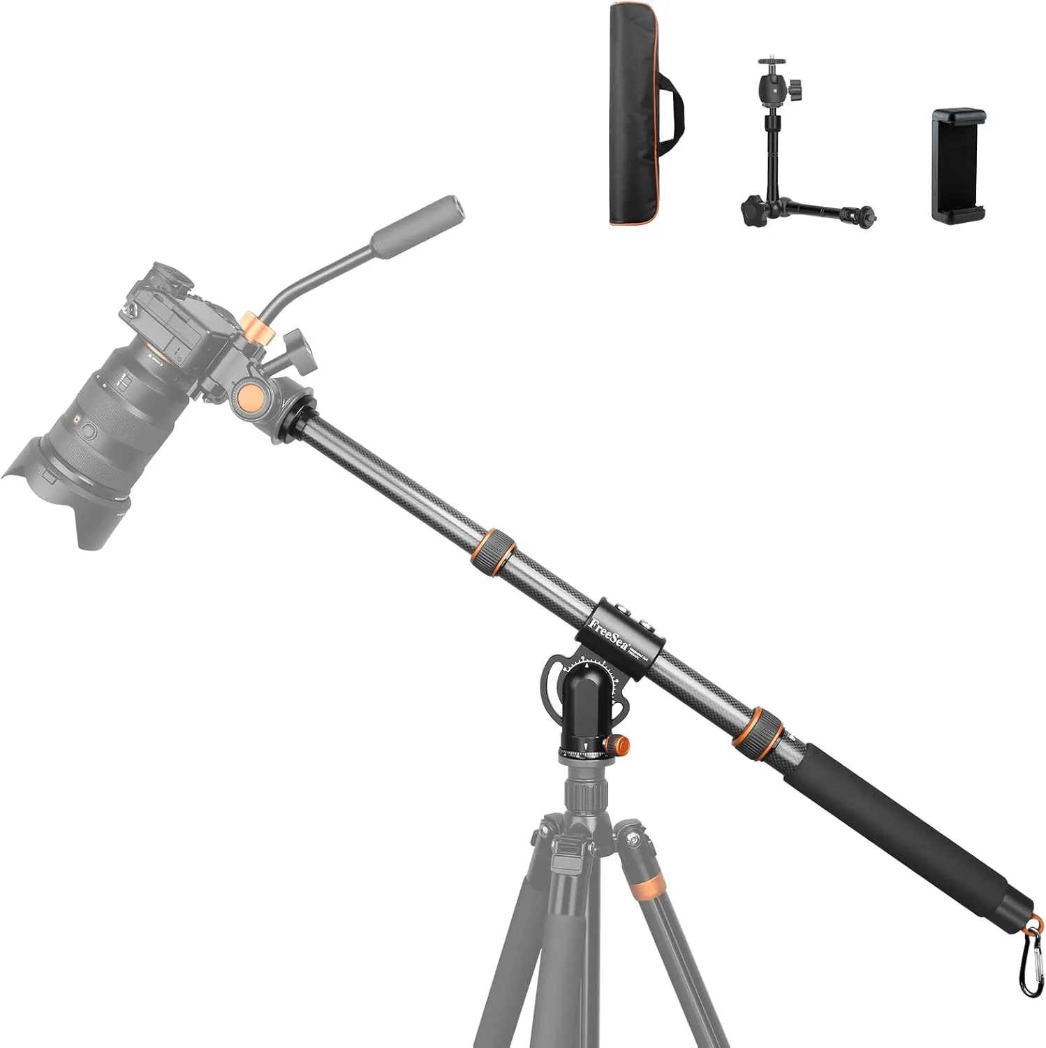 41"Carbon Fiber Tripod Extension arm with Retractable Extender Horizontal Center Column arm Tripod Side arm Extender 360°rotatable Swivel Base for Overhead Photography of Cameras/Mobile Phones