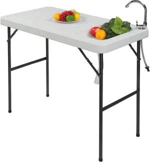 45" Folding Fish Cleaning Table, Outdoor Sink Fish Cleaning Table Portable Camping Table with Faucet & Sink, Multifunctional Washing Table for Camping or Kitchen, Grey