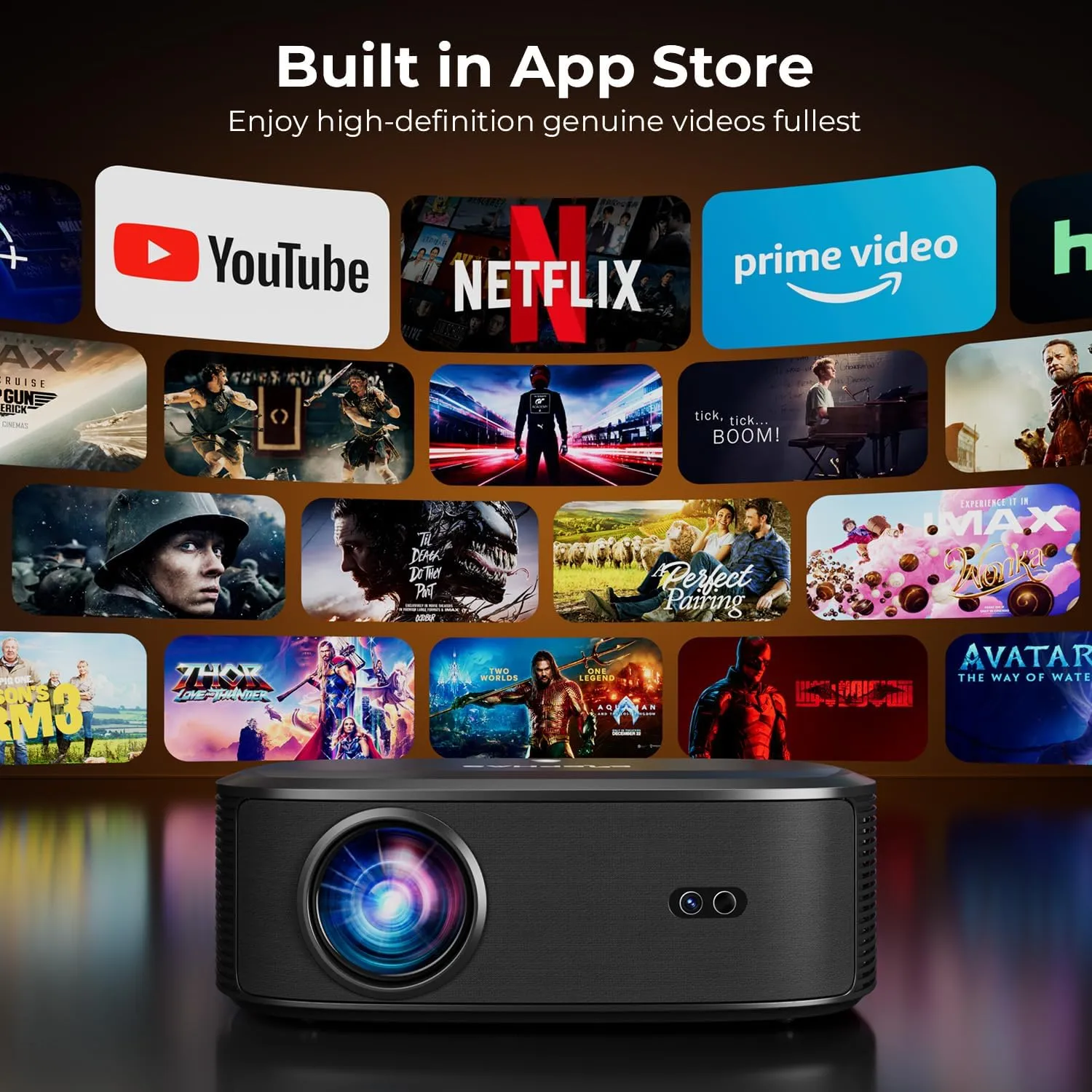 4K Projector with Wifi and Bluetooth, ELEPHAS Outdoor Movie Projector with NETFLIX/Prime Video/YouTube Built-in, 100,000  Apps Supported, Video Projector Compatible with HDMI/USB/iOS/Android/Windows