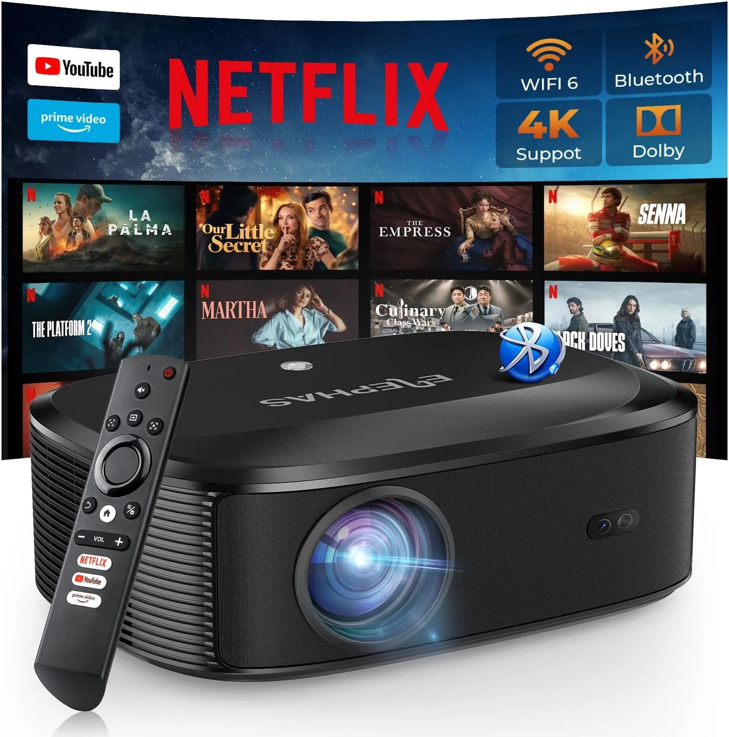 4K Projector with Wifi and Bluetooth, ELEPHAS Outdoor Movie Projector with NETFLIX/Prime Video/YouTube Built-in, 100,000  Apps Supported, Video Projector Compatible with HDMI/USB/iOS/Android/Windows