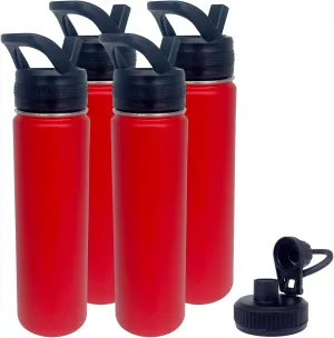 4pack 22 oz Insulated Water Bottle With Straw, Stainless Steel Sports Water Cup Flask with 2 Lids, Wide Mouth Travel Thermal Mug,Red