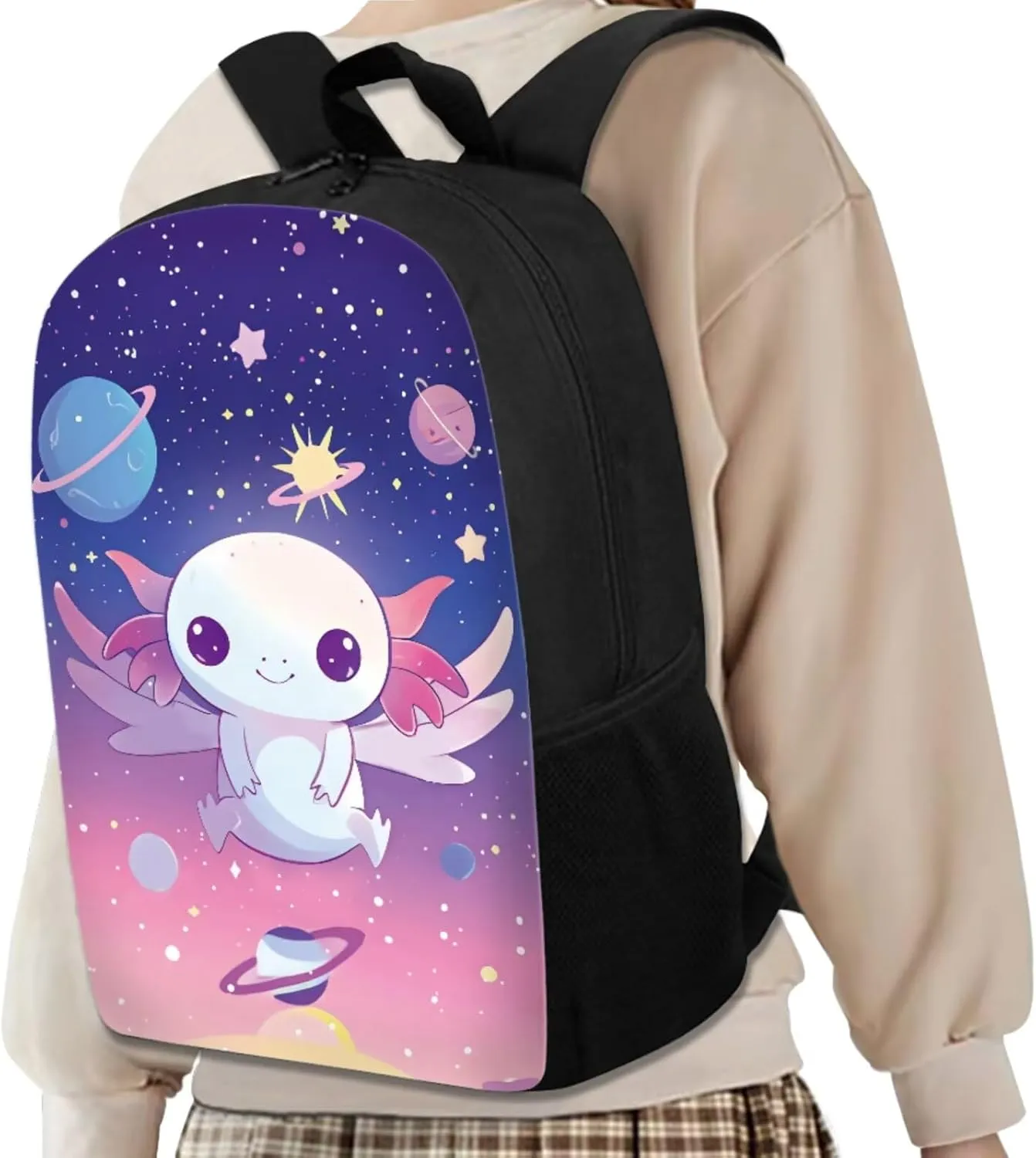4PCS Cute Axolotl Backpack for Girls with a Matching Lunchbox Backpack with Adjustable Straps Wate Bottle Carrier and Pencil Holder 17 Inch Bookbag for 1-8th Grade Students