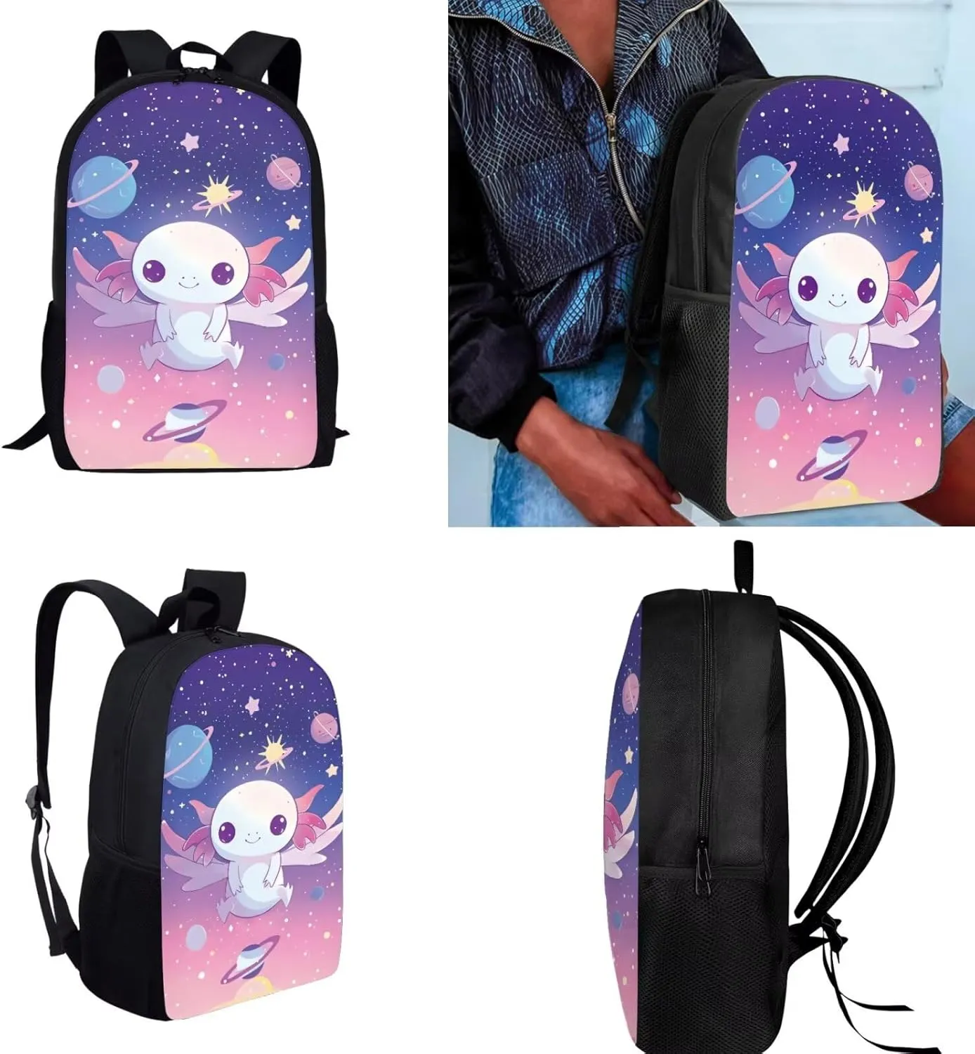 4PCS Cute Axolotl Backpack for Girls with a Matching Lunchbox Backpack with Adjustable Straps Wate Bottle Carrier and Pencil Holder 17 Inch Bookbag for 1-8th Grade Students