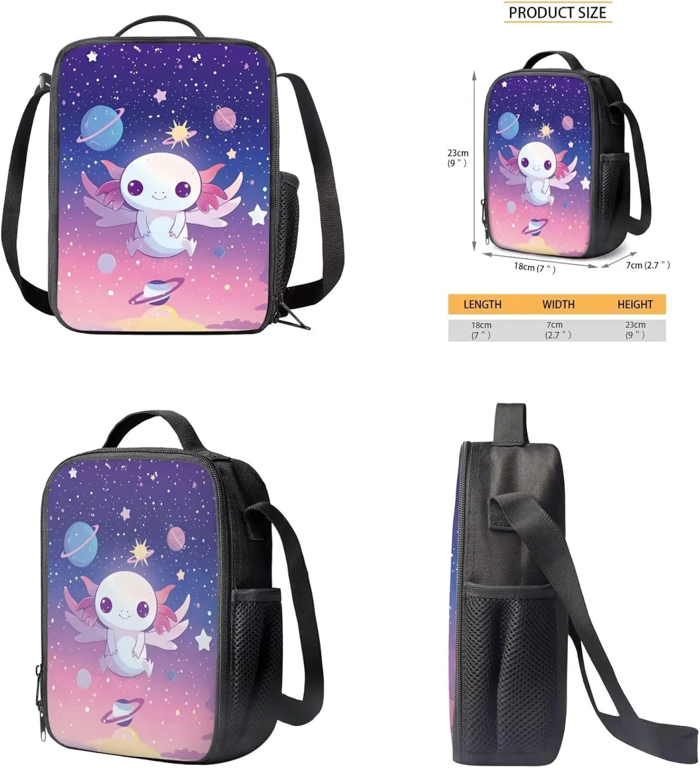 4PCS Cute Axolotl Backpack for Girls with a Matching Lunchbox Backpack with Adjustable Straps Wate Bottle Carrier and Pencil Holder 17 Inch Bookbag for 1-8th Grade Students