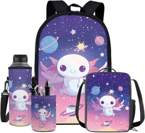 4PCS Cute Axolotl Backpack for Girls with a Matching Lunchbox Backpack with Adjustable Straps Wate Bottle Carrier and Pencil Holder 17 Inch Bookbag for 1-8th Grade Students