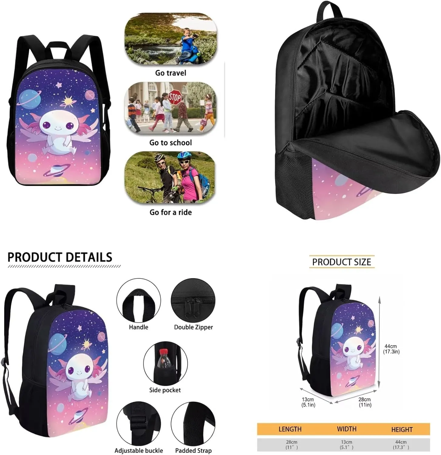 4PCS Cute Axolotl Backpack for Girls with a Matching Lunchbox Backpack with Adjustable Straps Wate Bottle Carrier and Pencil Holder 17 Inch Bookbag for 1-8th Grade Students