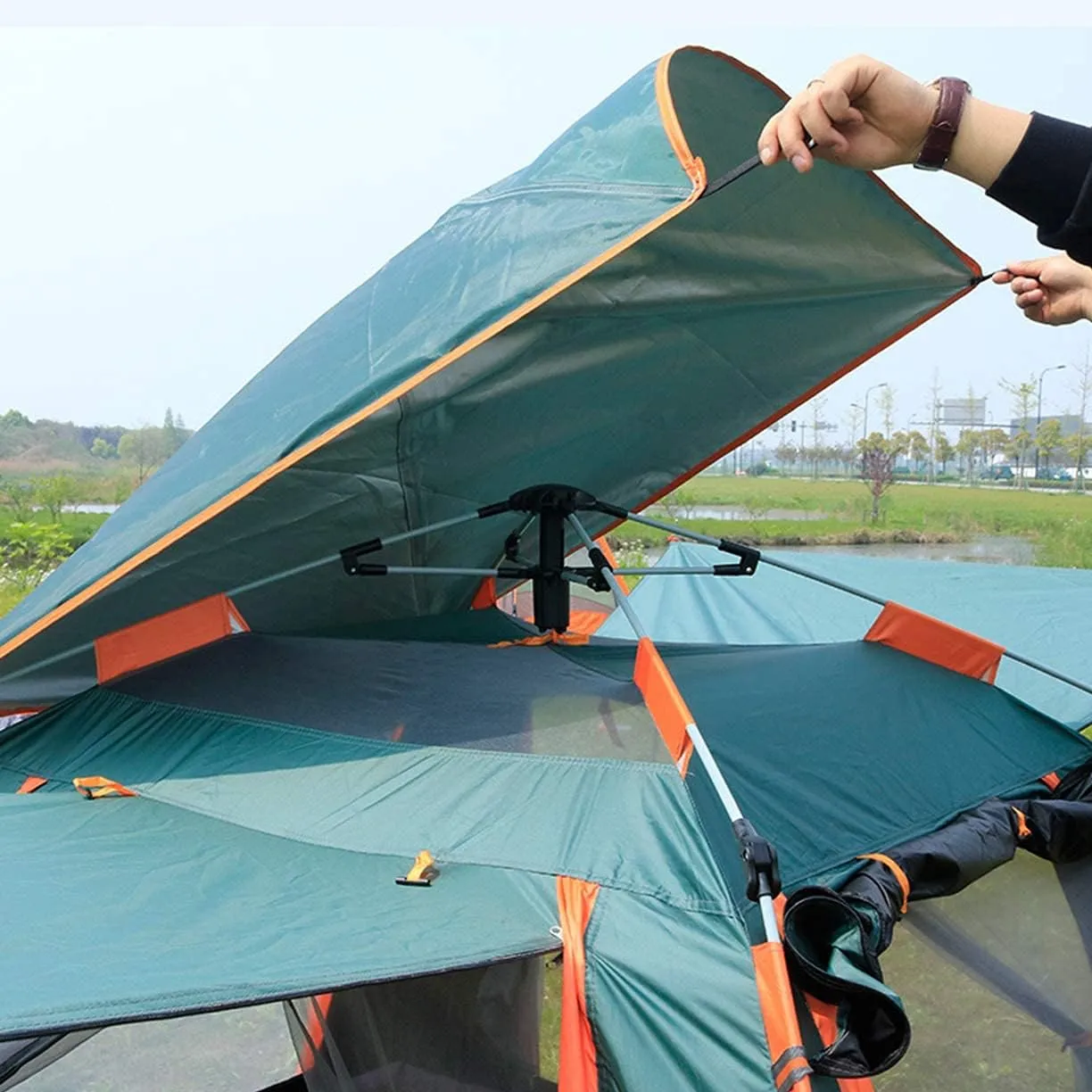 5 Person Family Camping Tent 4 Season Double Layers Waterproof Anti-UV Windproof Tents Family Outdoor Camping Tent (Green Width 215cm) (Blue Width 240cm)