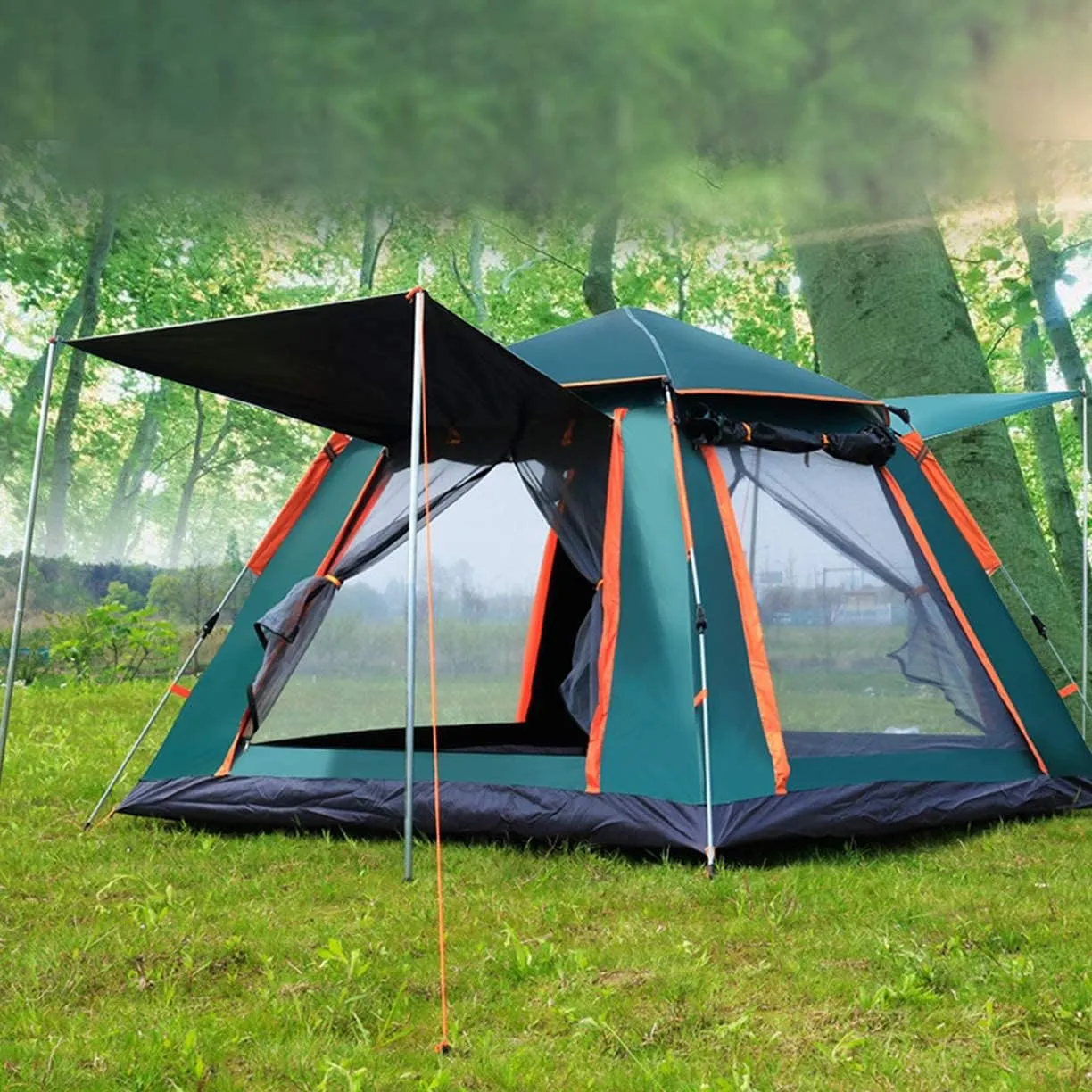 5 Person Family Camping Tent 4 Season Double Layers Waterproof Anti-UV Windproof Tents Family Outdoor Camping Tent (Green Width 215cm) (Blue Width 240cm)