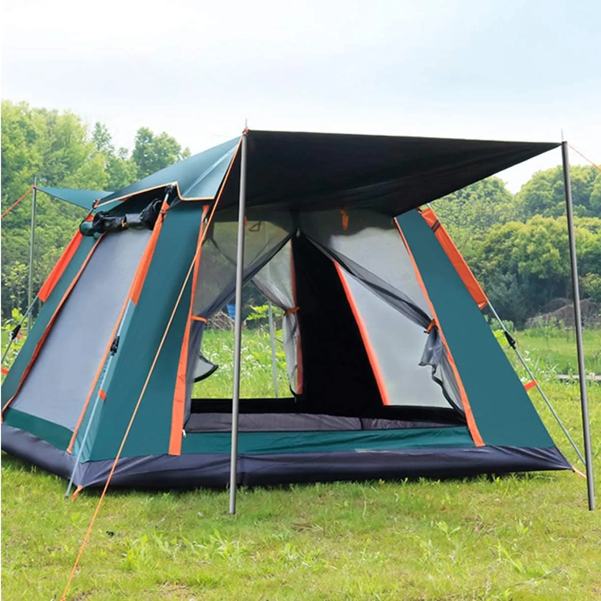 5 Person Family Camping Tent 4 Season Double Layers Waterproof Anti-UV Windproof Tents Family Outdoor Camping Tent (Green Width 215cm) (Blue Width 240cm)