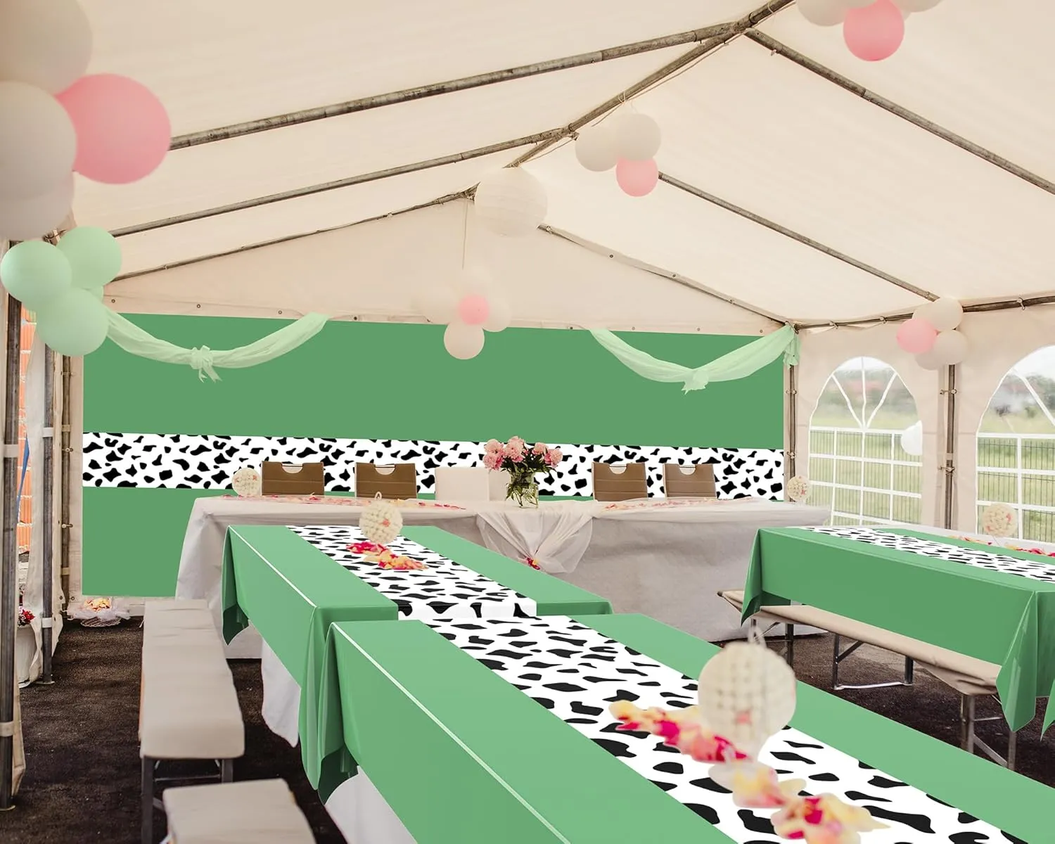 54 x 108 Inch Cow Tablecloth for Party Decor Western Table Cloth Cowboy Print Plastic Rustic Table Runner Highland My First Rodeo Toys Farm Animal Holiday Story(Bean Green Pattern,6 Pcs)
