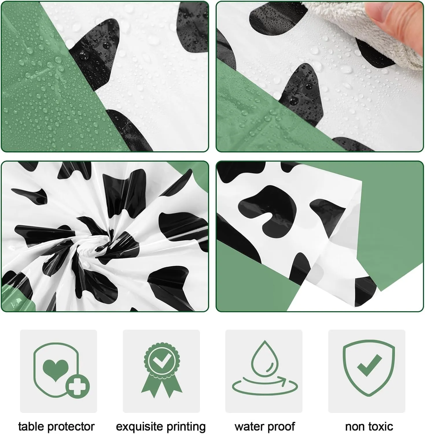 54 x 108 Inch Cow Tablecloth for Party Decor Western Table Cloth Cowboy Print Plastic Rustic Table Runner Highland My First Rodeo Toys Farm Animal Holiday Story(Bean Green Pattern,6 Pcs)