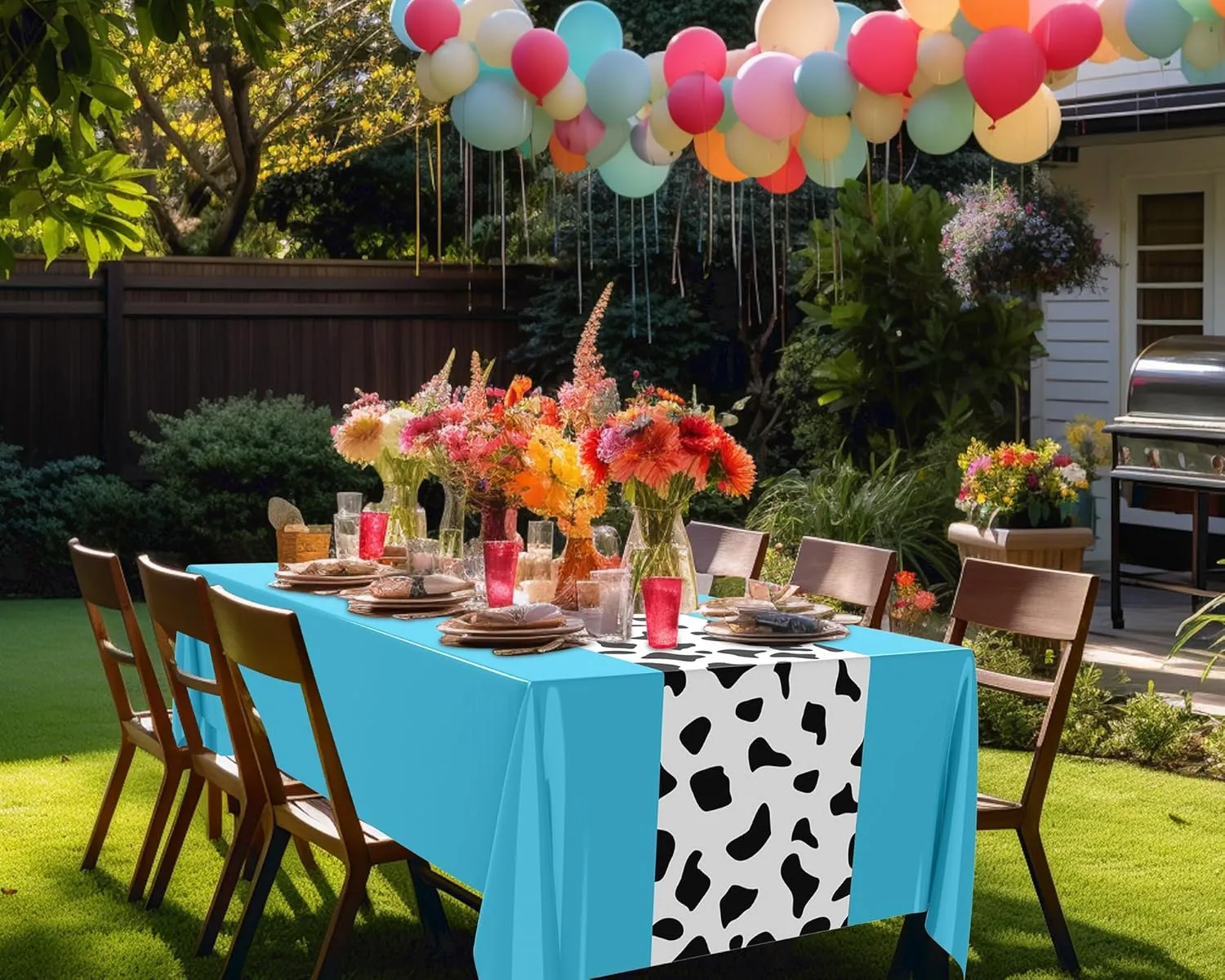 54 x 108 Inch Cow Tablecloth for Party Decor Western Table Cloth Cowboy Print Plastic Rustic Table Runner Highland My First Rodeo Toys Farm Animal Holiday Story(Light Blue Pattern,6 Pcs)