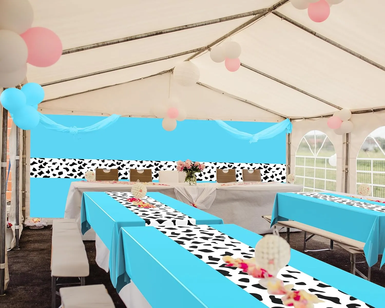 54 x 108 Inch Cow Tablecloth for Party Decor Western Table Cloth Cowboy Print Plastic Rustic Table Runner Highland My First Rodeo Toys Farm Animal Holiday Story(Light Blue Pattern,6 Pcs)