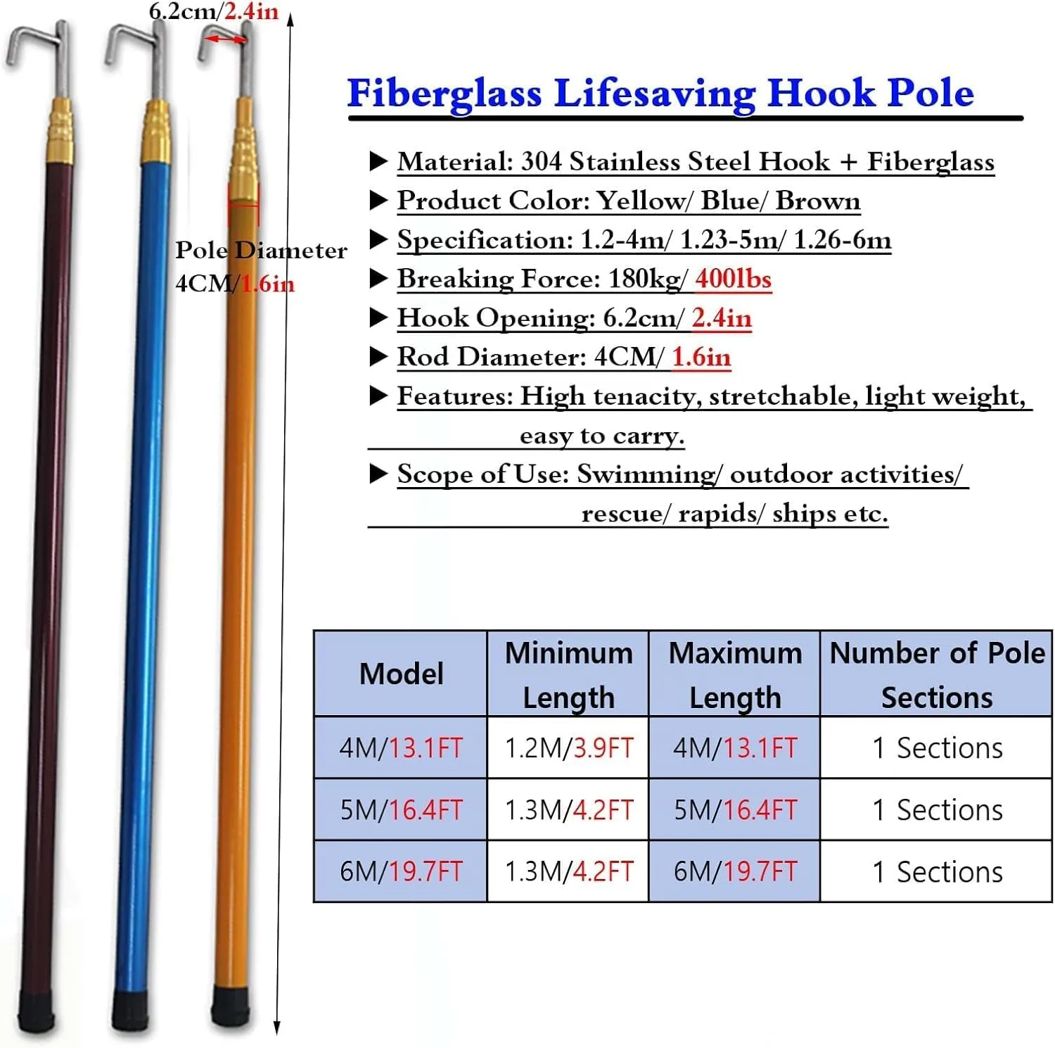 6 5 4 Meter Long Reaching Tool, Professional Marine Extension Rescue Equipment with Hook | Pole, Sturdy & Lightweight, for Cargo Retrieval/Boat Dock/Pushing Pulling