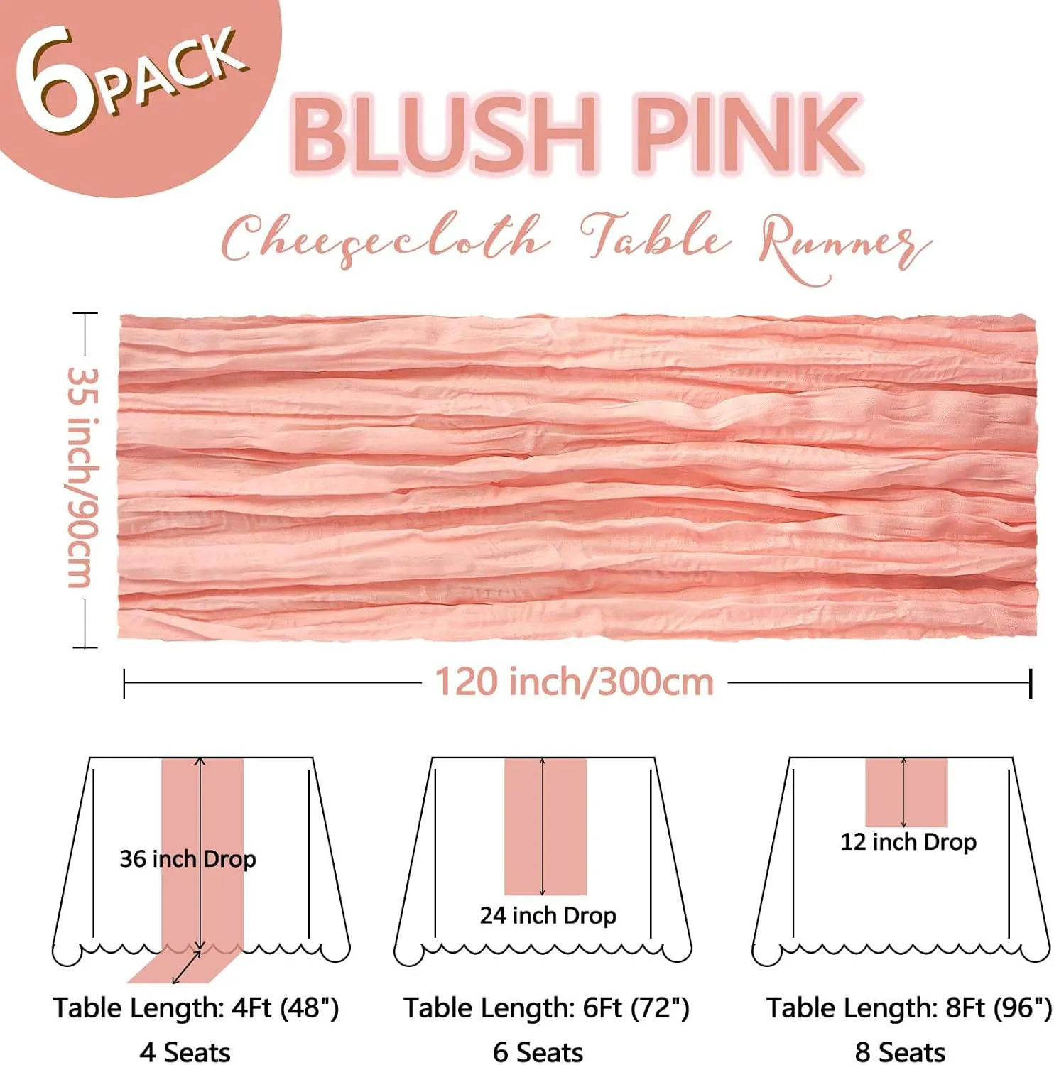 6 Pack Blush Pink Cheesecloth Table Runner 10Ft Gauze Cheese Cloth Table Runner 35x120 Inch Boho Sheer Rustic Fabric Runner for Party Decor Baby Shower Summer Wedding Table Decorations